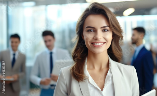 Portrait of a young woman standing in an office with colleagues in modern office background.
