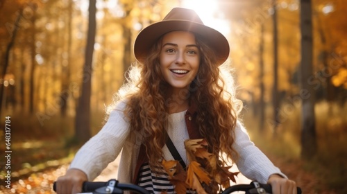 Happy woman rides a bicycle in an autumn park at sunset, Beautiful woman enjoying nature. © visoot