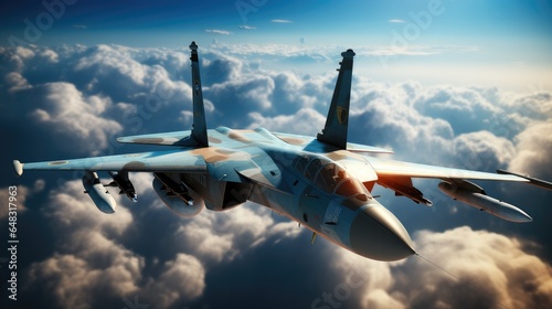 Fighter plane, Jet flying over a group of clouds.