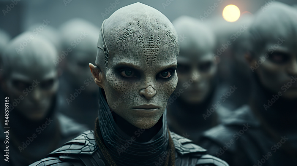 Abstract illustration of an army of reptilian alien soldiers wearing ...