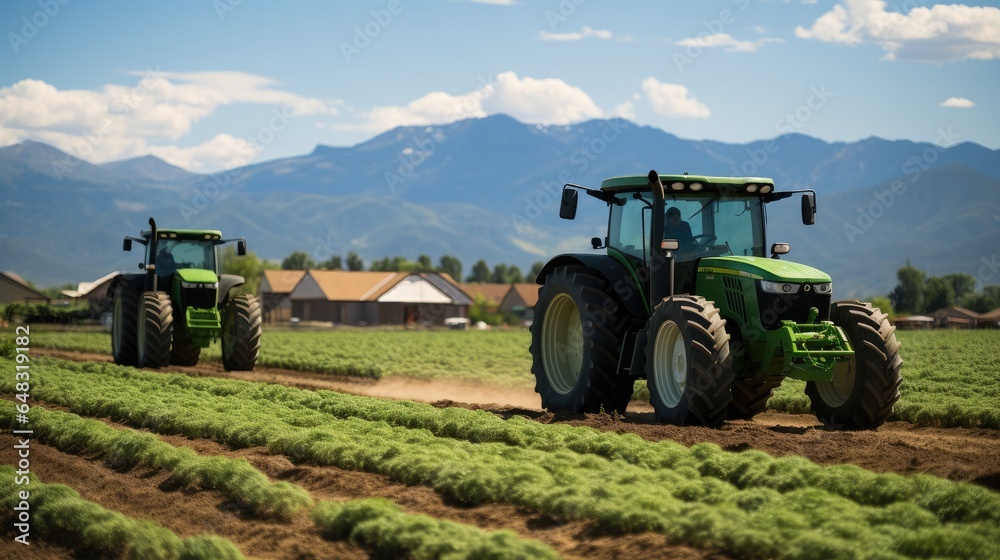 Tractors at sprawling agricultural farm with fields of crops. Tractors at sprawling agricultural farm with fields of crops.