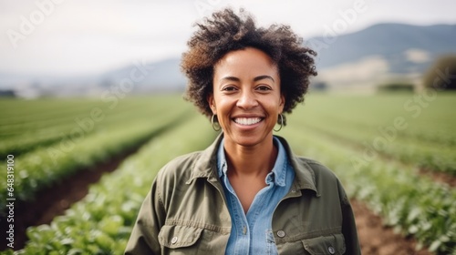 Portrait of farmer woman working on a farm field.