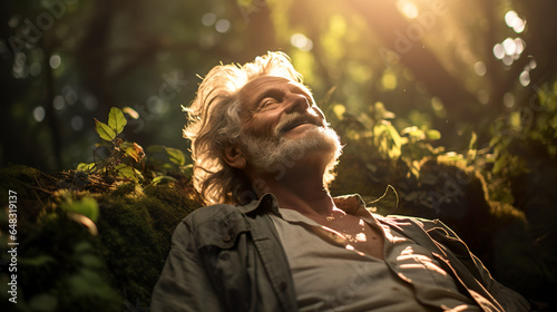 Illustration of an elderly man lying on his back on the forest floor with sun rays touching his face in connection with nature. Elderly man with calm expression in soft, warm lighting.