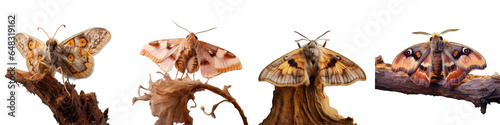 Png Set Automeris moth resting on wand underside view Native to Mexican mountains Nocturnal flyers Caterpillars armed with bristles isolated on transparent background photo