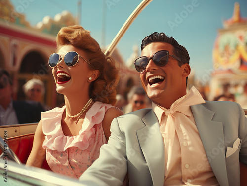 Illustration of a 60s couple having fun in a carnival atmosphere. Cheerful vintage couple in an atmosphere full of bright and sparkling colors.