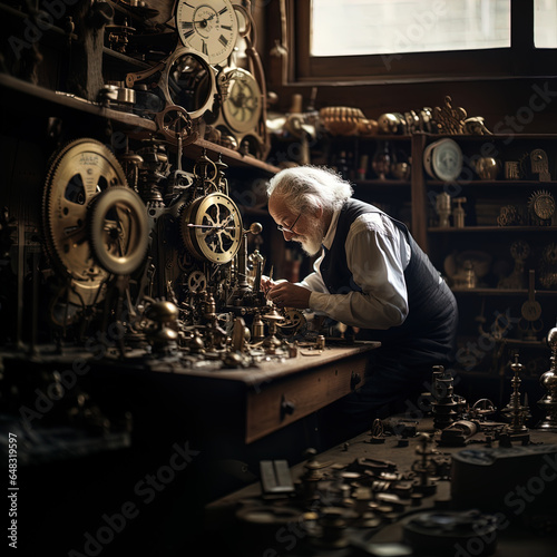 The image features an elderly man with white hair and a beard, wearing a dress shirt with rolled-up sleeves, a waistcoat, and a pair of eyeglasses. He is focused on repairing or assembling a mechanica