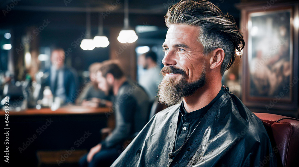 Handsome model man with a beard in the hairdresser barbershop salon gets a new haircut trim and style it - obrazy, fototapety, plakaty 
