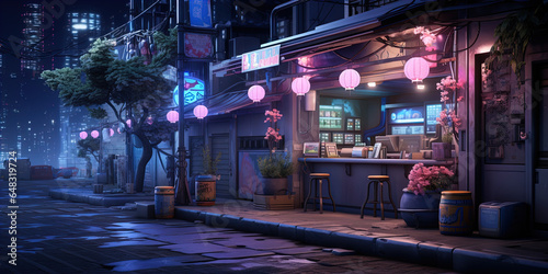 The image depicts a serene night scene in an urban environment, presumably within an East Asian cityscape, judging by the script on signs and the design of lanterns. The foreground focuses on a cozy s