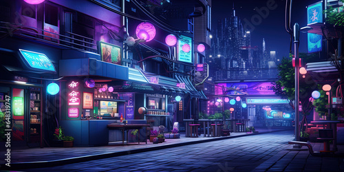The image depicts a vibrant street scene at night in a city with a strong East Asian influence, resembling areas like those found in Japan or a stylized representation of such. Neon lights in various 