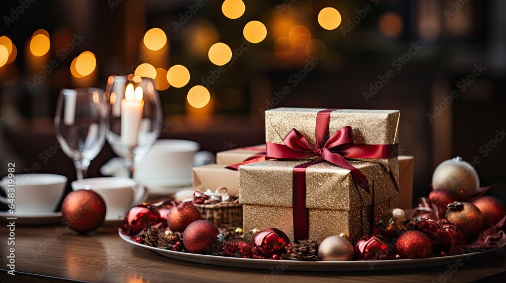 wine glasses and golden gifts with a red ribbon on a table with christmas decoration wine glasses and golden gifts with a red ribbon on a table with christmas decoration