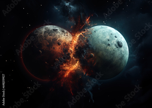 This is a dramatic and artistic representation of two celestial bodies, possibly planets, in the midst of a catastrophic collision. Both bodies are textured with craters and geographical features indi photo