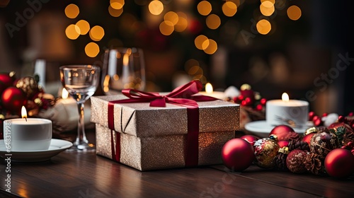 a golden gift with a red ribbon on a table with christmas decorations