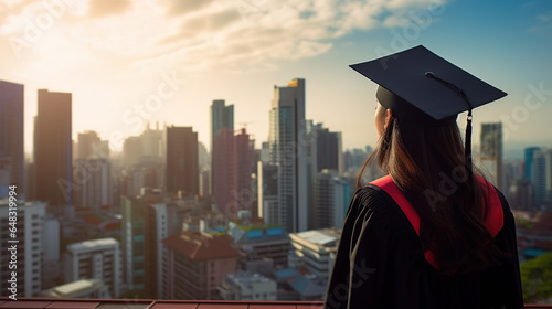 graduated student looking at the city; achieving success; concept student dreaming of achieving their dreams