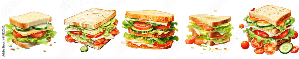 Png Set Cheesy sandwich with fresh vegetables transparent background Png Set Cheesy sandwich with fresh vegetables transparent background
