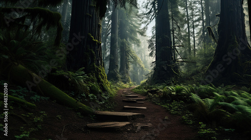 The image shows a serene path through an old-growth forest. The pathway is made of unevenly laid out wooden steps nestled into the rich soil. Tall trees with thick trunks rise majestically on either s
