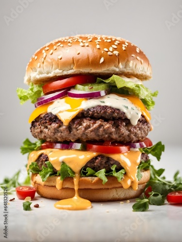 delicious burger with many ingredients isolated on white background