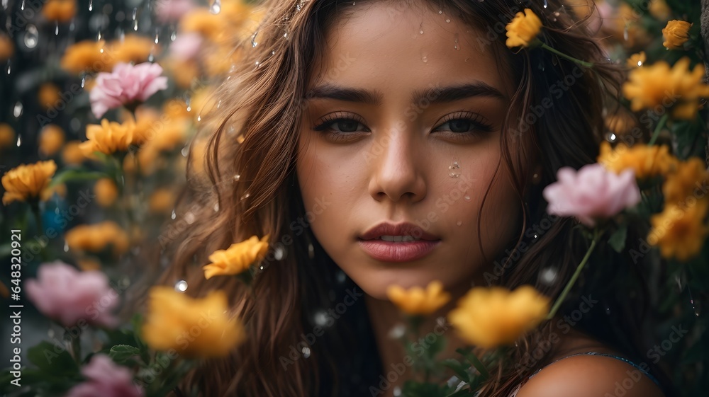 portrait photo beautiful girl with rain and flowers portrait photo beautiful girl with rain and flowers