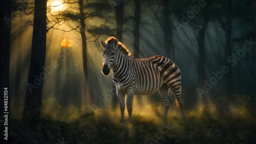 zebra at sunset in forest cinematic close up portrait