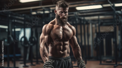 Weightlifter rope with fighting ropes are working out in the gym. The concept of CrossFit.