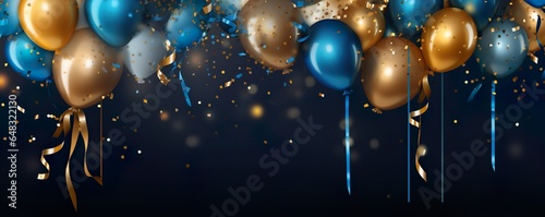 Holiday background with golden and blue metallic balloons, confetti and ribbons. Festive card for birthday party, anniversary, new year, christmas or other events | Generative AI
