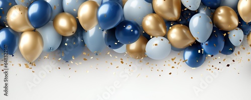 Holiday background with golden and blue metallic balloons, confetti and ribbons. Festive card for birthday party, anniversary, new year, christmas or other events | Generative AI