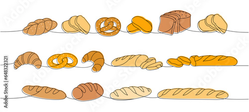 Fresh breads one line colored continuous drawing. Wheat bread, pretzel, ciabatta, croissant, bagel, french baguette continuous one line illustration.