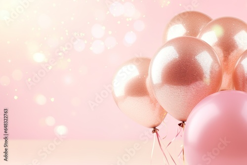 Shiny pink and golden glitter balloons on light pink soft pastel background. Card for christmas, wedding, birthday, woman\'s day, mothers day, valentine\'s day. | Generative AI