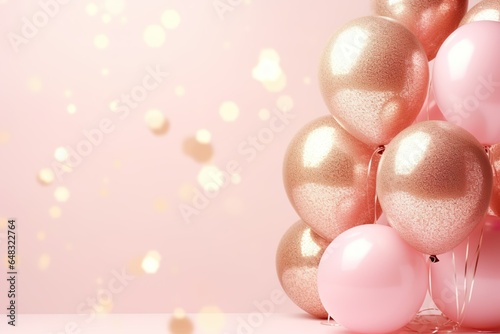 Shiny pink and golden glitter balloons on light pink soft pastel background. Card for christmas, wedding, birthday, woman's day, mothers day, valentine's day. | Generative AI
