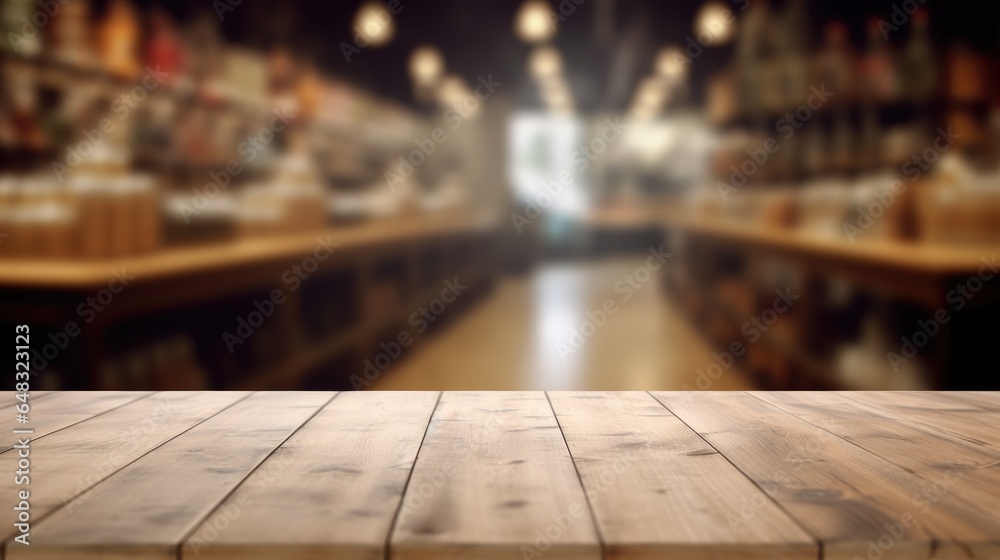 Wooden display boards for product placement with a blurred background.