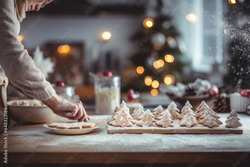A person preparing food on a table in front of a christmas tree. Imaginary photorealistic image.