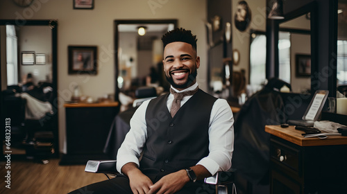 Portrait of handsome young barber posing with his arms crossed inside a barbershop. Stylish barbershop owner standing confident with his arms crossed
