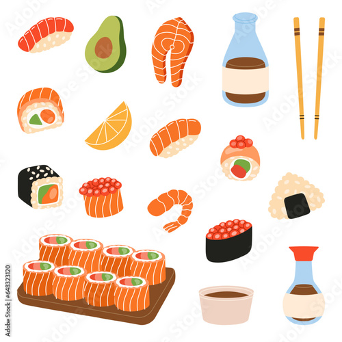 Sushi foods collection. Ikura sushi, tobiko maki, philadelphia roll, onigiri, shrimp nigiri, tekkamaki tuna roll, futomaki, sake temaki, soy bowl