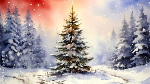 Winter landscape with snow covered fir trees and wooden fence. Christmas background. Hand-painted Christmas forest with cute forest winter scene, snowflakes, Christmas tree and snowdrifts.