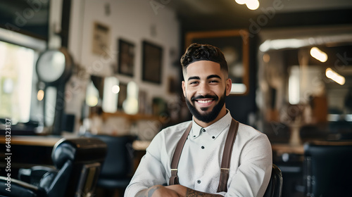 Portrait of handsome young barber posing with his arms crossed inside a barbershop. Stylish barbershop owner standing confident with his arms crossed © AspctStyle