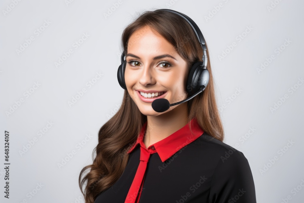 A woman wearing a headset and smiling. Imaginary photorealistic image. Call center operator. A woman wearing a headset and smiling. Imaginary photorealistic image. Call center operator.