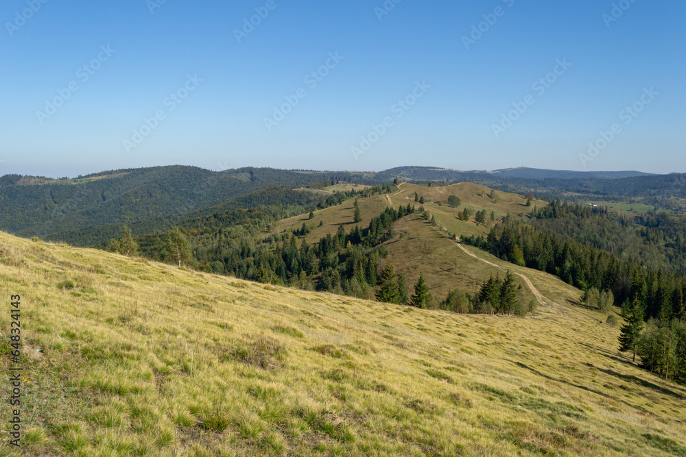 Hiking trail on the hill in Carpathian mountains, Ukraine