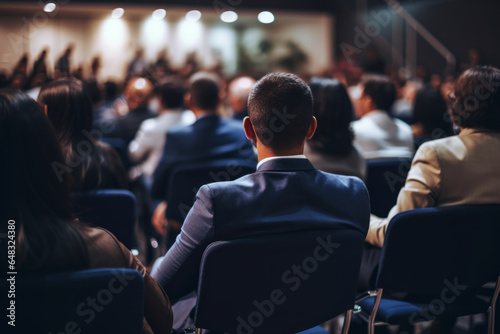 rear view of an audience in a conference hall listening to a business speaker