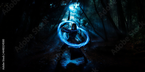 Wallpaper - Ninja female doing kata with an ancient power on a dark forest