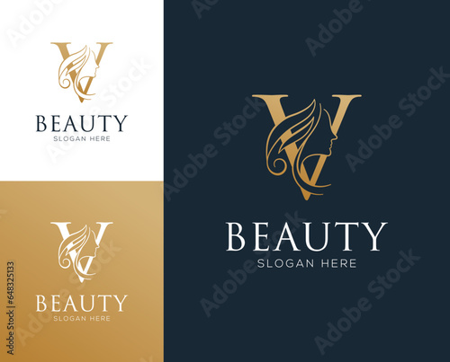 Combination letter V with woman beauty elements logo design vector illustration
