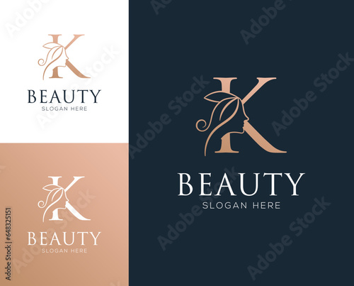 Combination letter K with woman beauty elements logo design vector illustration