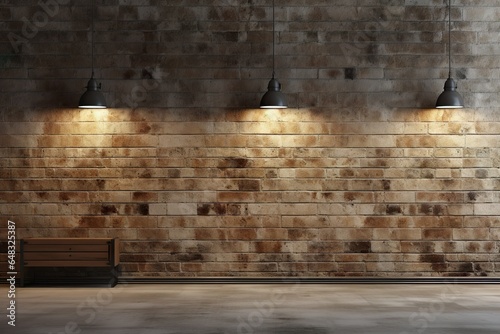 Product Presentation, Brick wall, concrete floor and lamps background 3d render | Generative AI