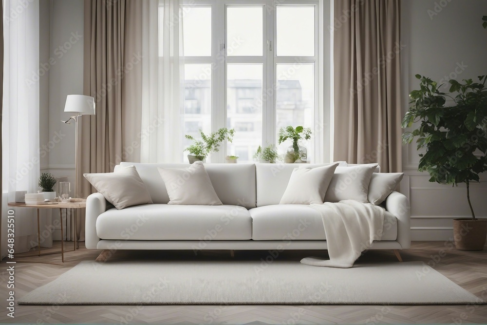Cozy white sofa against window Scandinavian style home interior design of modern living room