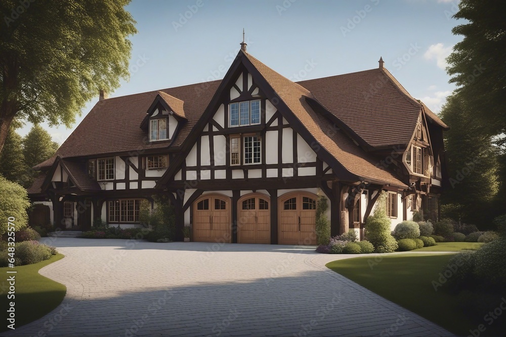 Tudor style family house exterior with gable roof and timber framing Wooden garage doors in home
