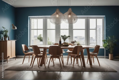 Round wooden dining table and barrel chairs against window and blue wall © ArtisticLens