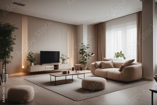 Studio apartment with beige sofa und pouf Minimalist home interior design of modern living room