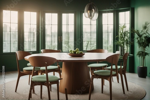 Wooden round dining table and light green barrel chairs against the window © ArtisticLens
