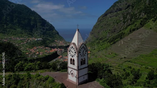 Stunning aerial footage view from the Chapel of Saint Fatima (Capelinha de Nossa Senhora de Fátima) on sunny day with blue skies in Sao Vicente photo