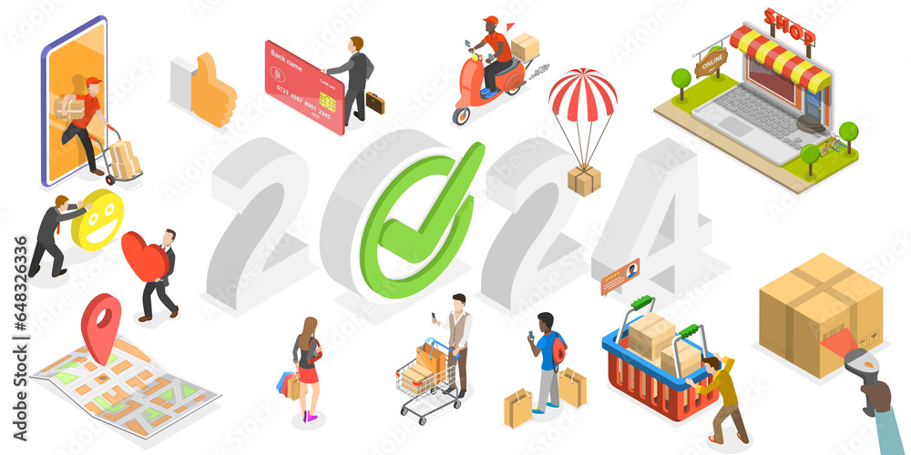3D Isometric Flat  Conceptual Illustration of E-commerce Trends In New Year 2024, Online Shopping And Retail Perspectives In Nearest Future