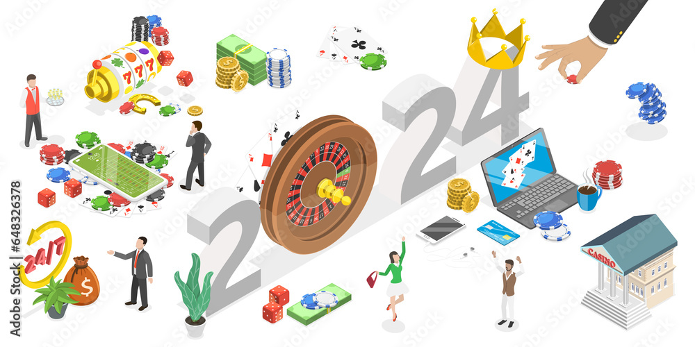 3D Isometric Flat Conceptual Illustration of New Year 2024 And Online Casino Industry Trends, Digital Gambling Platform 3D Isometric Flat Conceptual Illustration of New Year 2024 And Online Casino Industry Trends, Digital Gambling Platform