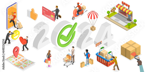 3D Isometric Flat  Conceptual Illustration of E-commerce Trends In New Year 2024, Online Shopping And Retail Perspectives In Nearest Future